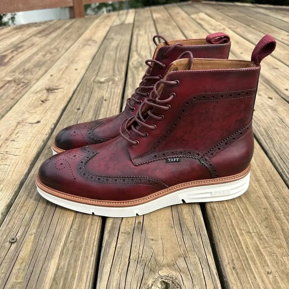 Taft 365 Model 005 Bordeaux Wingtip Boots Mens 10.5 Red Genuine Leather Lace Up